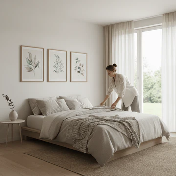 Serene bedroom with neutral tones, blackout curtains, and minimal clutter for restful sleep